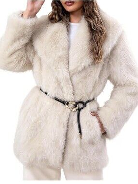 NWT Womens Faux Fur Coat Lapel Mid Long Shaggy Furry Jacket Belt Mid-Length M